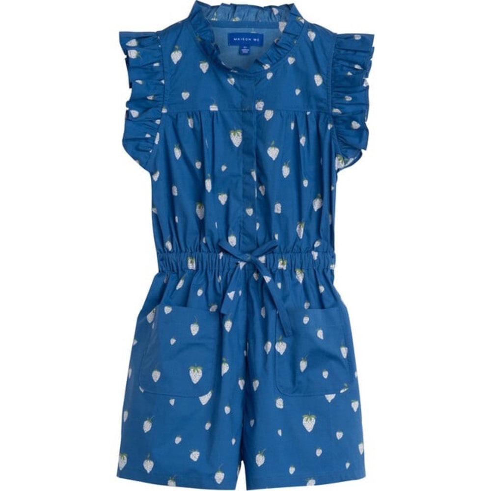 Maison Me Blue Strawberry-Print Girls' Romper